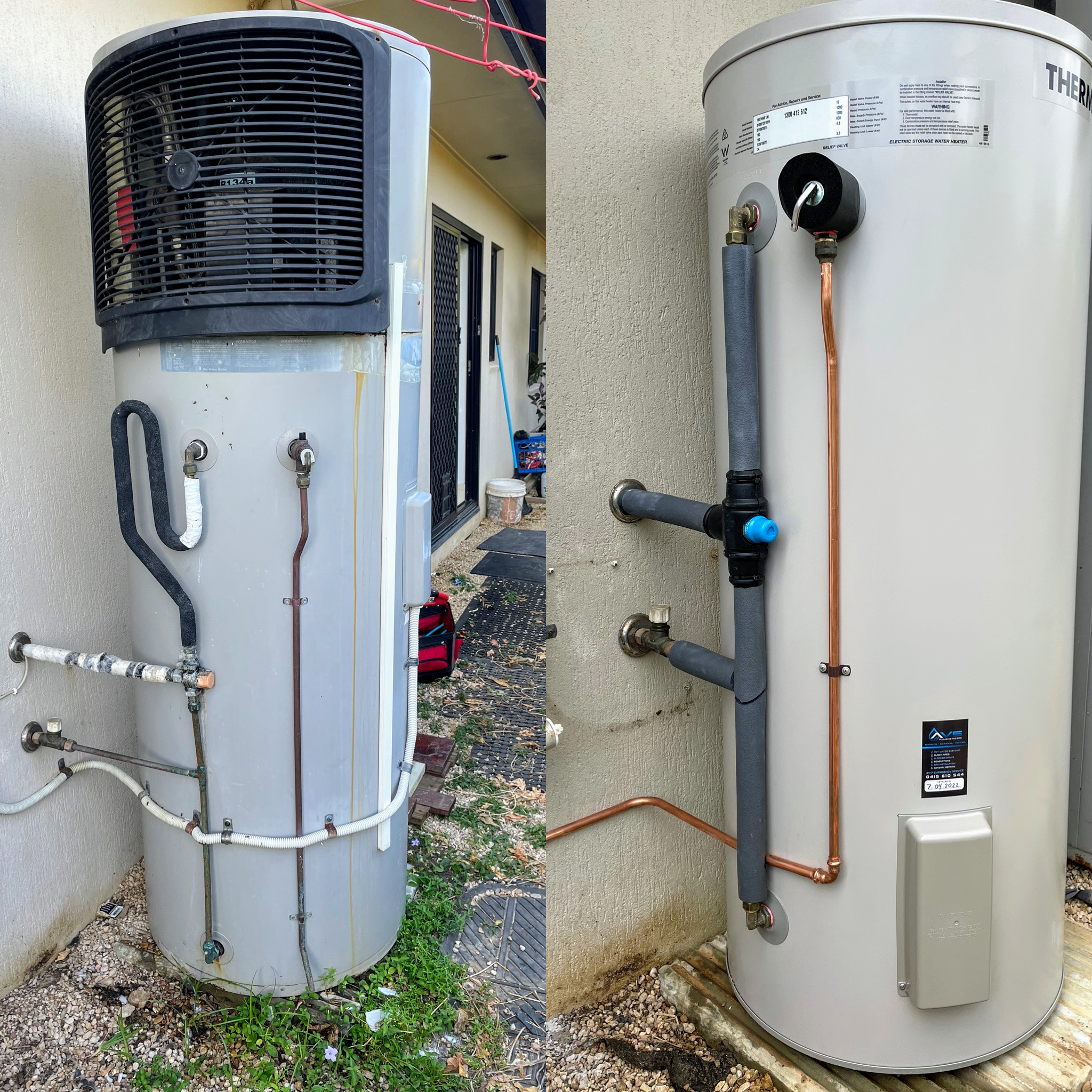 Before and after a hot water changeover: the failed old unit on the left, the new Thermann electric storage heater neatly plumbed in on the right